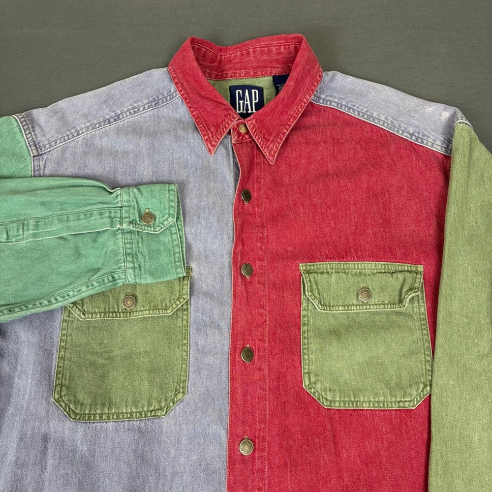 Y2K GAP Multicolor Color Block Button Down Shirt Men's Size Large Red Green Blue